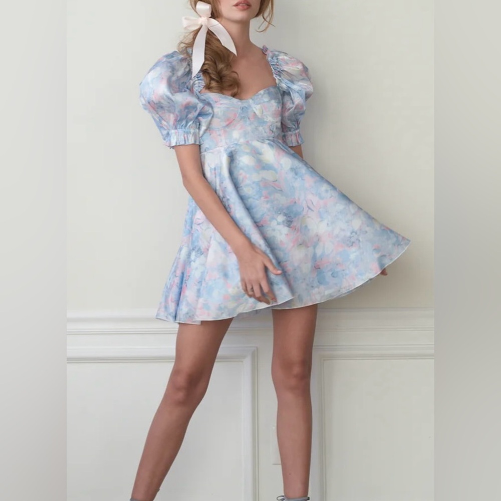 Selkie The Monet Print Parliament Mini Dress Ruffle Girly Puff Sleeve Organza